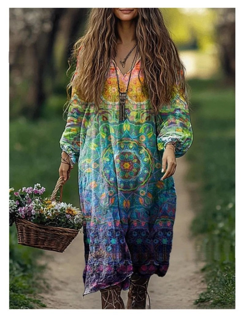 Elegant V-ringad mönstrad klänning