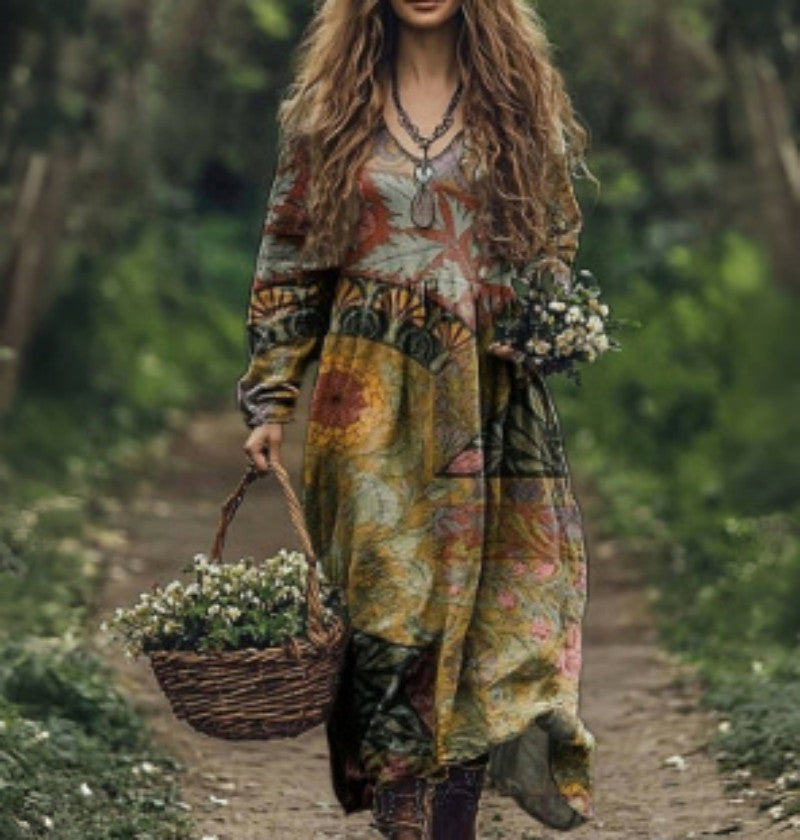 Elegant V-ringad mönstrad klänning